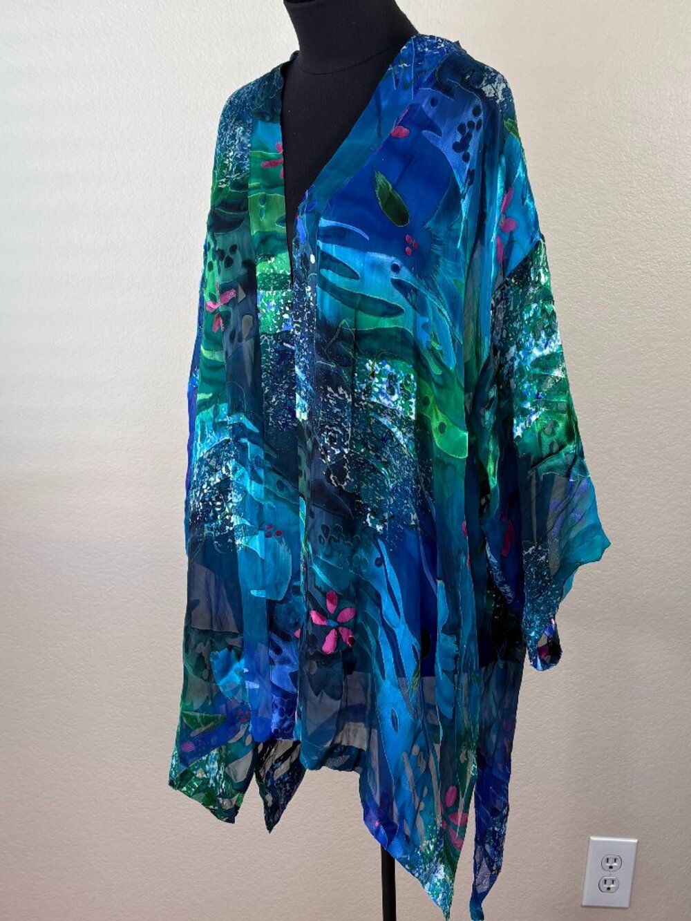 Silk Blend Kimono Top Blue Green Sheer Resort Vacation Cover Up OS